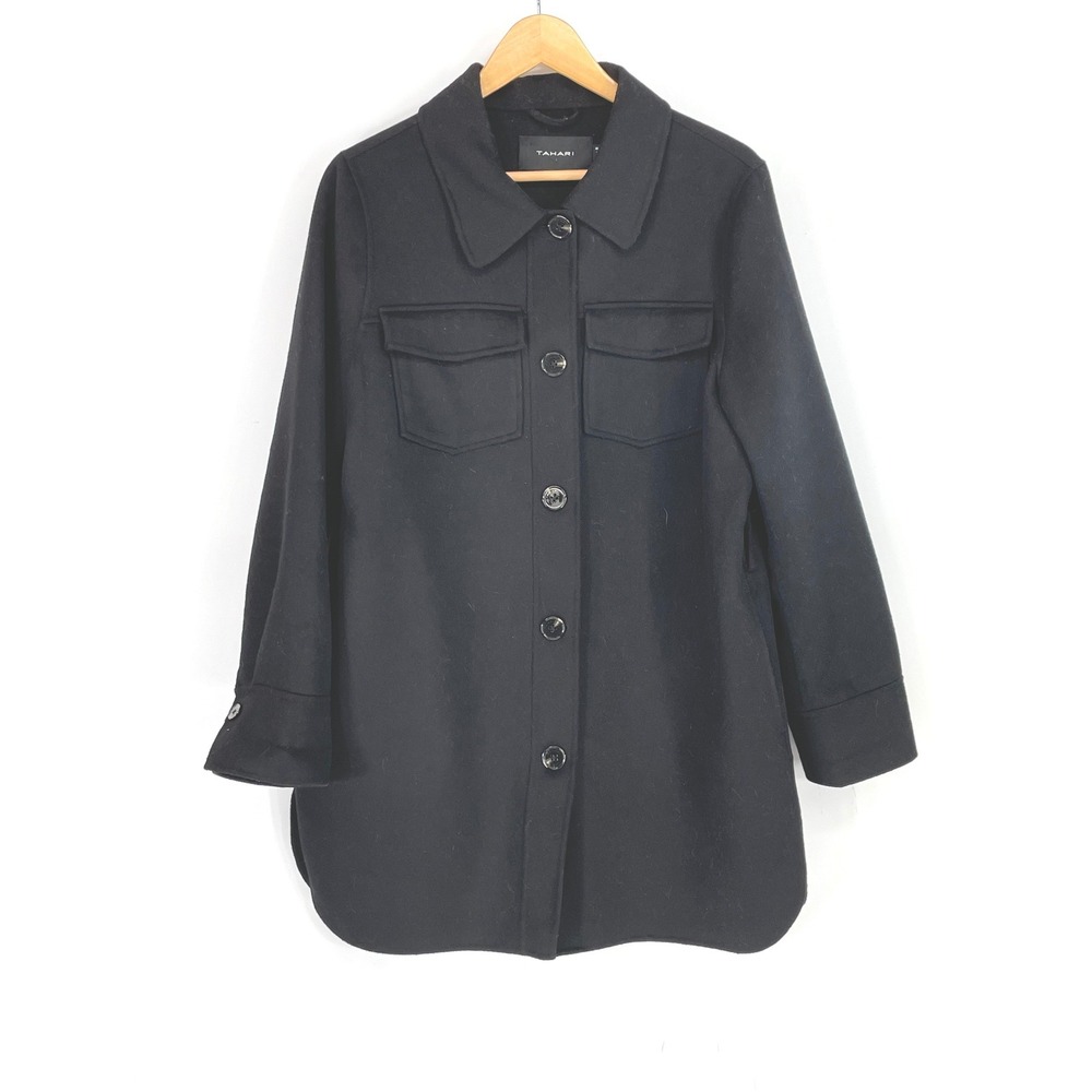 Tahari Womens Shacket L Shirt Jacket Black Wool Blend Button Front Pocket Coat
